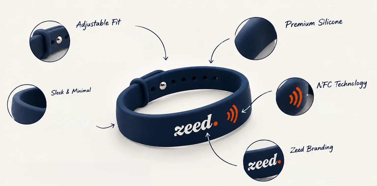 The ZEED band in navy silicone, with close-ups of the stud and holes, the silicone, the plain strap, the orange contactless mark and the zeed wordmark